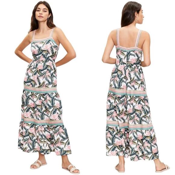 NWT Loft Paradise Tiered Maxi Dress Linen Tropical Leaf Floral Print Long 16 - Picture 1 of 13